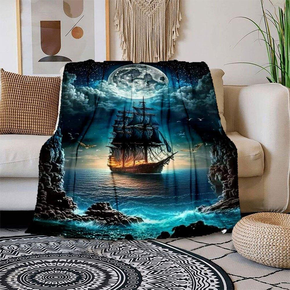 

Full Moon Sailing Adventure Wall Art Print Blanket Flannel Throw Blanket for Sofa, Bed, Travel, Camping, Office, Couch, Chair, And Bed Gift 150x180cm