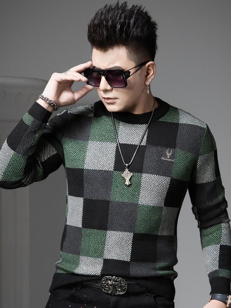 European Station 2025 Autumn/Winter New Round Neck Sweater Men's Plaid Print Knitted Base Shirt Long Sleeve Knitwear