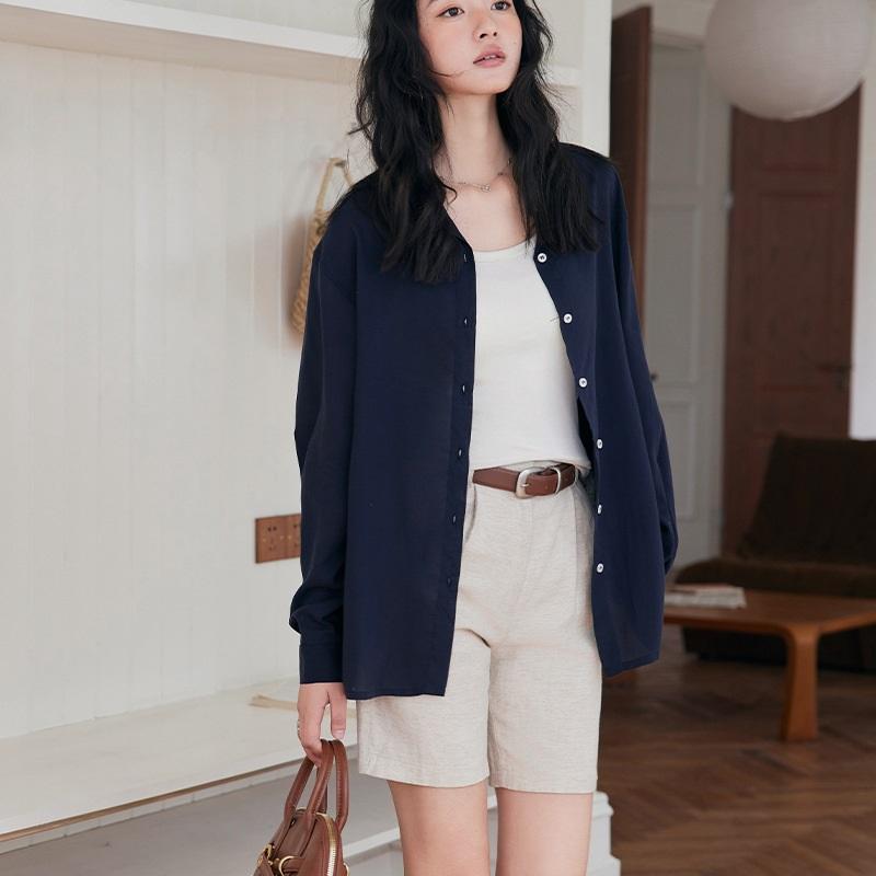 Camicia in Lino Tencel da Donna Capospalla Cardigan Largo Leggero con Bottoni Top in Lycra