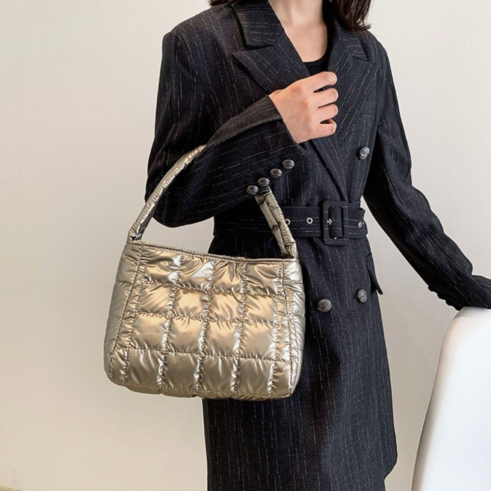 Soft Down Cotton Tote Bag Embroidered Puffy Bag Leisure Cotton-padded Handbag  Unisex