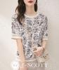 Botanical Print Chiffon Blouse with Floral Print and Ribbed Office J-Scott T-Shirt, Half-Sleeve Sleeves, Monotone, Casual, White, JS83-WH-L