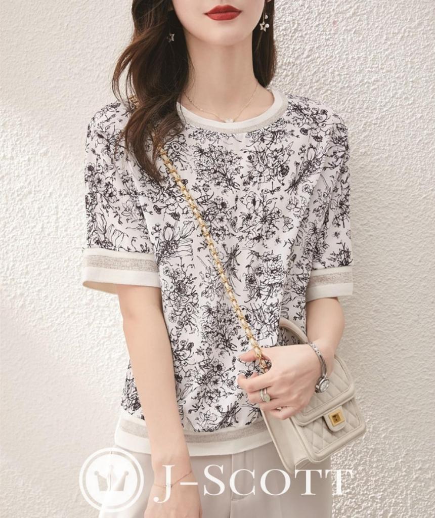 Botanical Print Chiffon Blouse with Floral Print and Ribbed Office J-Scott T-Shirt, Half-Sleeve Sleeves, Monotone, Casual, White, JS83-WH-L
