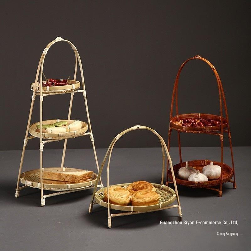 Handmade Round Handle Bamboo Basket - Tea, Fruit, Pastry Tray, Small Creative Multi-Layer Weaving