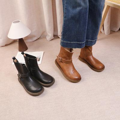 Retro Gürtelschnalle Echtes Leder Kurze Stiefel Runde Zehenpartie Seitlicher Reißverschluss Flacher Boden Damenstiefel