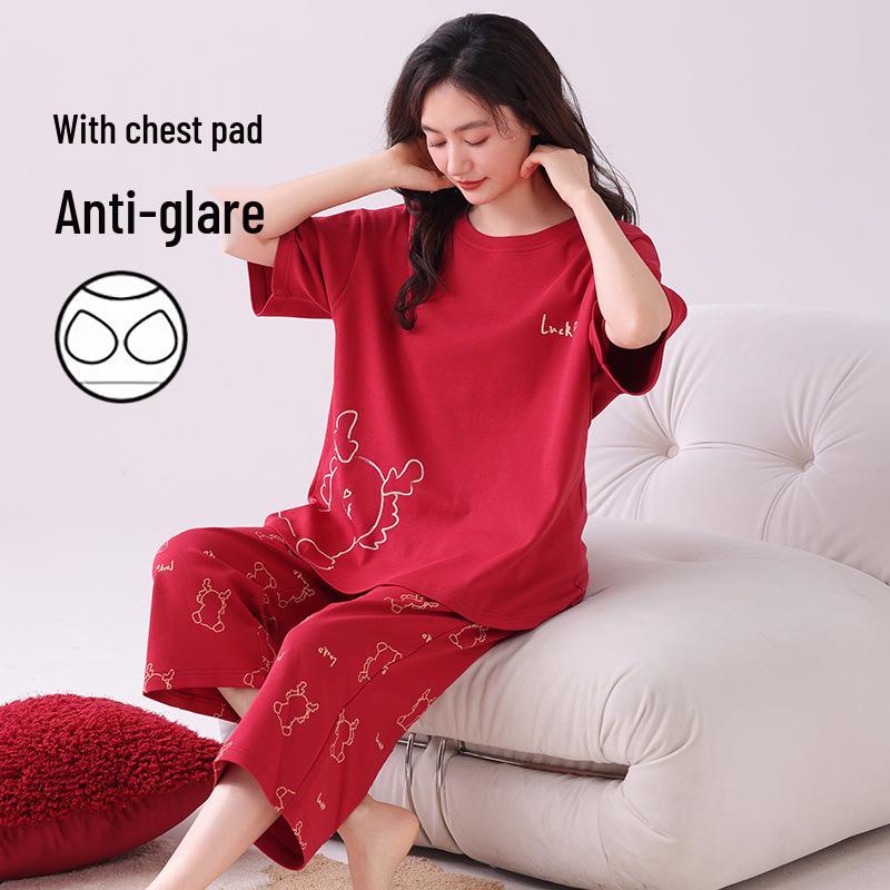 Women s Pure Cotton Pajama Set: Short Sleeve, Seven-Point Pants, Loose Fit, Built-In Bra Pads, Comfortable Home Wear. L