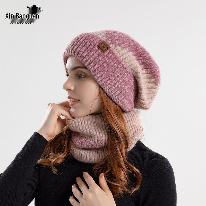 North American Women's Winter Two-Piece Set: Two-Color Knit Hat & Velvet Scarf, Warm Ear Protection