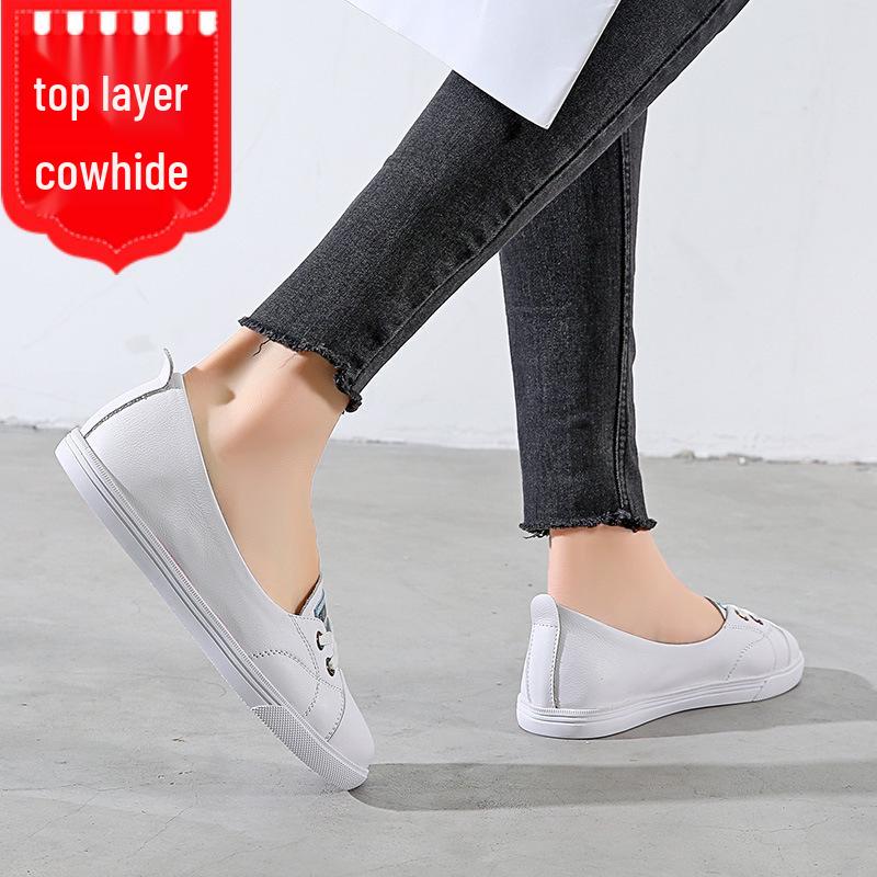 2025 Frühling/Sommer Weißes Echtleder Damen Sneaker mit flachem Ausschnitt - Neuer vielseitiger dünner Stil