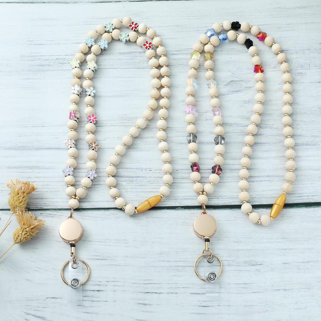 Adjustable Wooden & Silicone Bead Lanyard Necklace for ID Cards