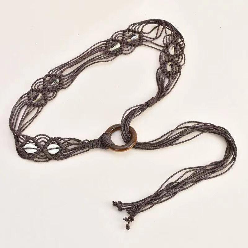 

Retro round buckle woven wide belt, women s skirt simple and versatile decorative dress fringed rope waist chain, accessories кофейный