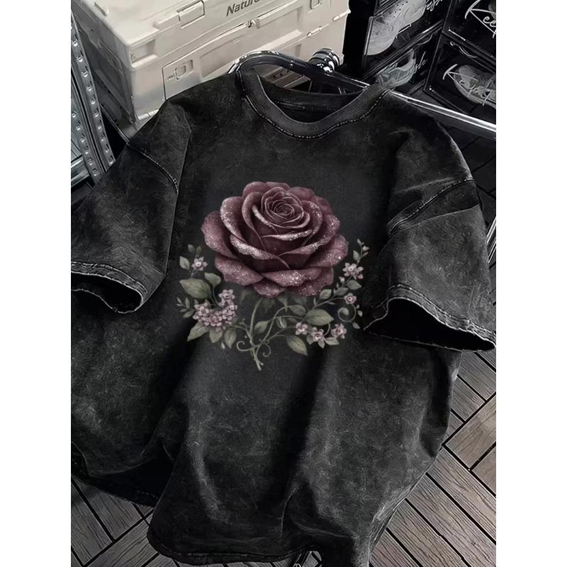 Skull Love Rose Gothic Graphic Print T Shirt Washed Casual Loose Streetwear Daily Wear Short Sleeve Dark Style Top