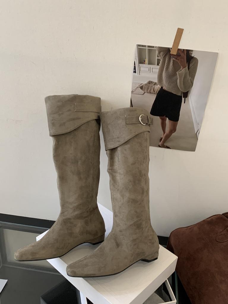 2025 new retro suede square head thick heel medium heel boots women but knee high and thin two wear stacked boots
