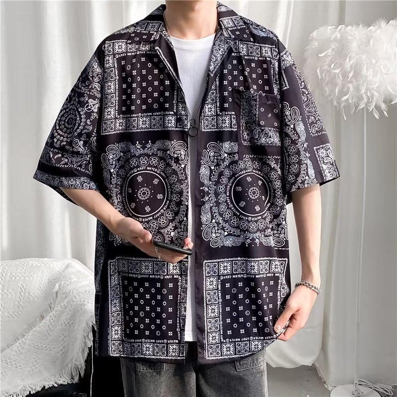 Men's Hip Hop Retro Cat Print Short Sleeve Shirt