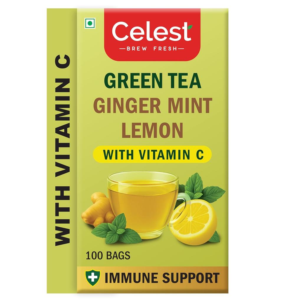 Celest Grüner Tee Minze Zitrone Ingwer mit Vitamin C 100 Teebeutel X 3er Packung Erfrischendes Gesundes Getränk