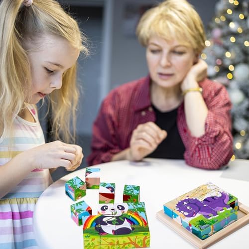 Bilderwürfel Holz 16-Piece Wooden Cube Puzzle 3D Puzzle Game Montessori Educational Toy for Boys Girls Ages 2 3 4 Years Old
