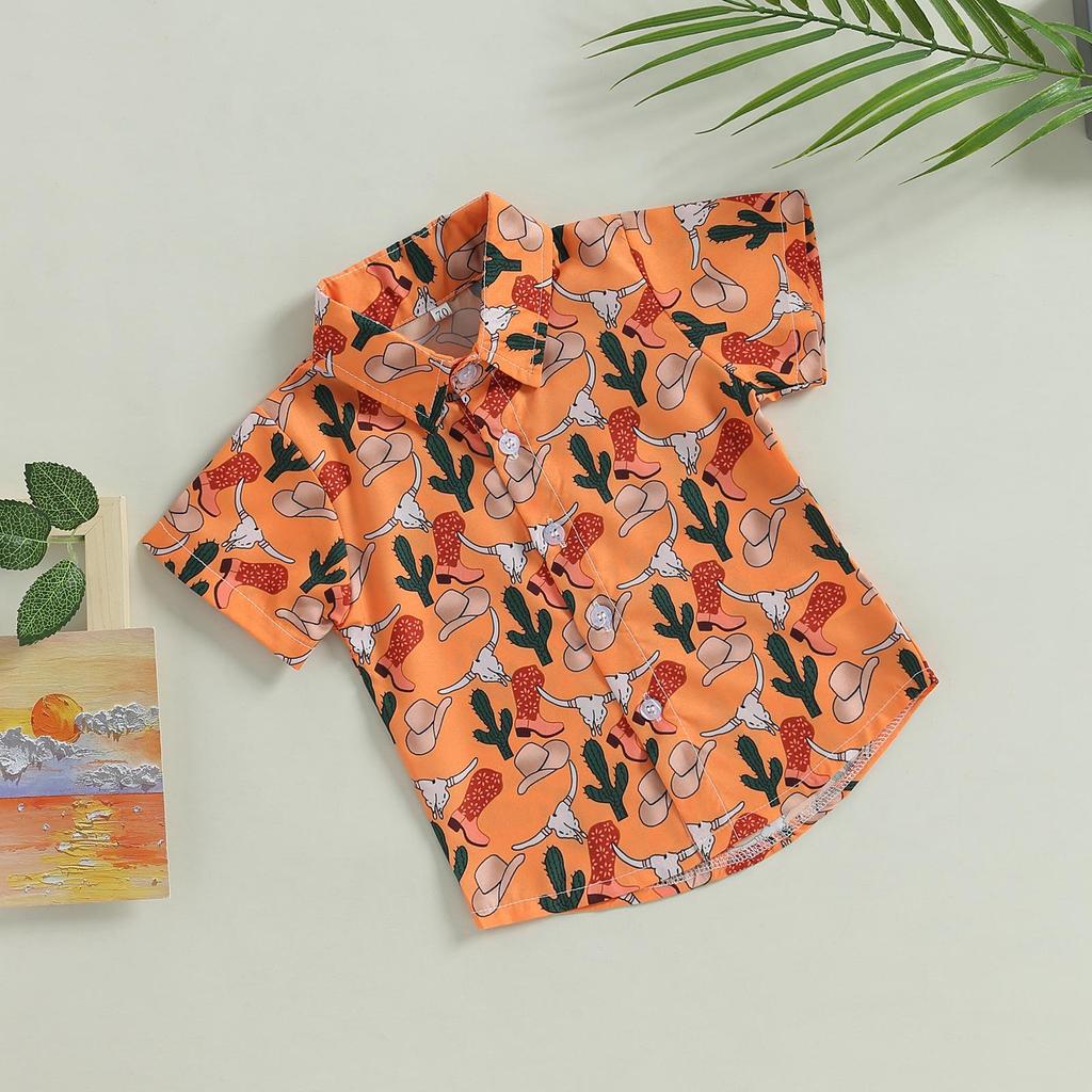 Toddler Boys Summer Casual Shirt 6M 12M 18M 24M 3Y 4Y Short Sleeve Lapel Western Elements Print Button Tops