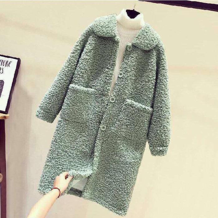 

Women s 2026 Lambswool Mid-Length Sherpa Fleece Coat - Versatile, Thick, Loose Fit for Autumn/Winter L зелёный