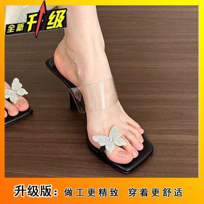 Strass Schmetterling Quadratischer Kopf High Heel Sandalen Damen 2025 Neu Sommer Mode Sexy Vielseitig Transparent Pantoletten Damen