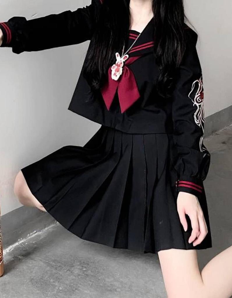 Nyanko Claw Barbie Dragon Sailor Long for Men and Long Cosplay Delinquent Dragon with High School Girl 4XL Blossom Uniform, Sleeves, Black, Women,