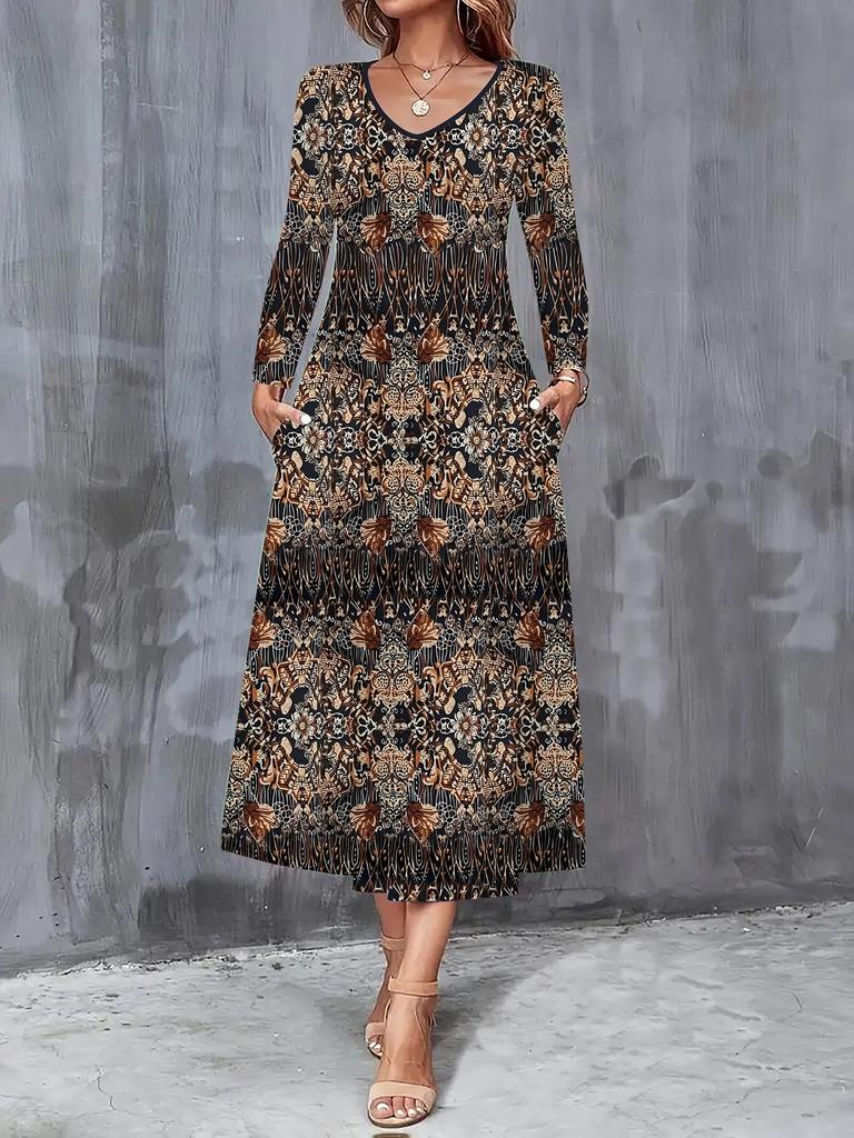 2025 Herbst und Winter Neues Damen Freizeitmode Kleid Herbst 3D Retro Druck Langarm V-Ausschnitt A-Linien Kleider