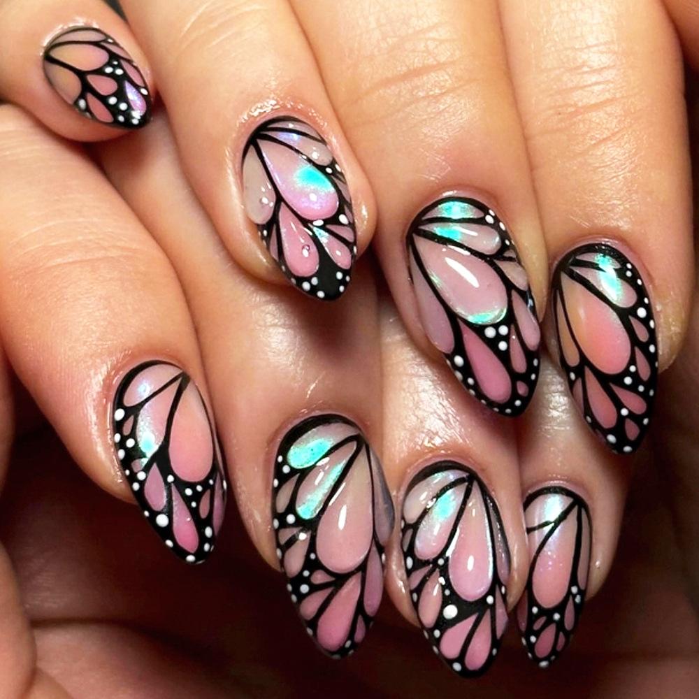 

Almond Shaped Press On Nails Butterfly Wing Design Full Cover False Nails Reusable Nail Art Set with Adhesive Tabs for Easy Application One Size