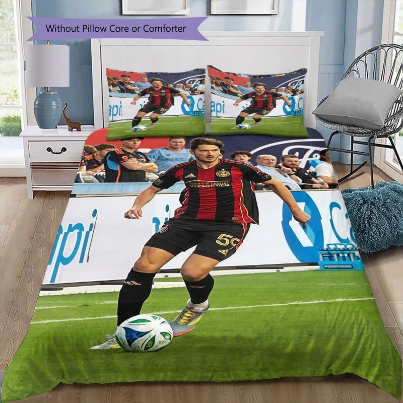 Atlanta United FC Football Team Red Black Stripes Gold City Skyline 3Pcs Bedding Set Sports Fan Washable Duvet Cover Set Bedroom Decor Bed Linen