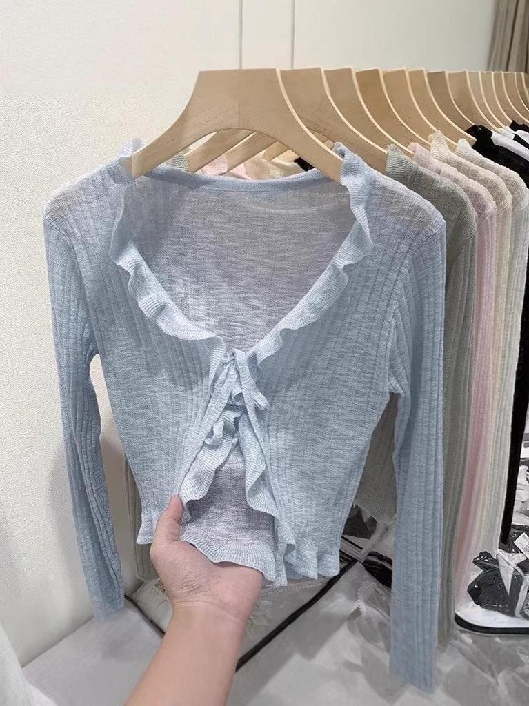 French Ribbed Lace-Up Cardigan - Long Sleeve Knit Shawl for Spring 2026 Women’s Collection