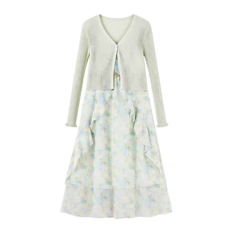 Elegant Floral Knit V-Neck Two-Piece Set XL
