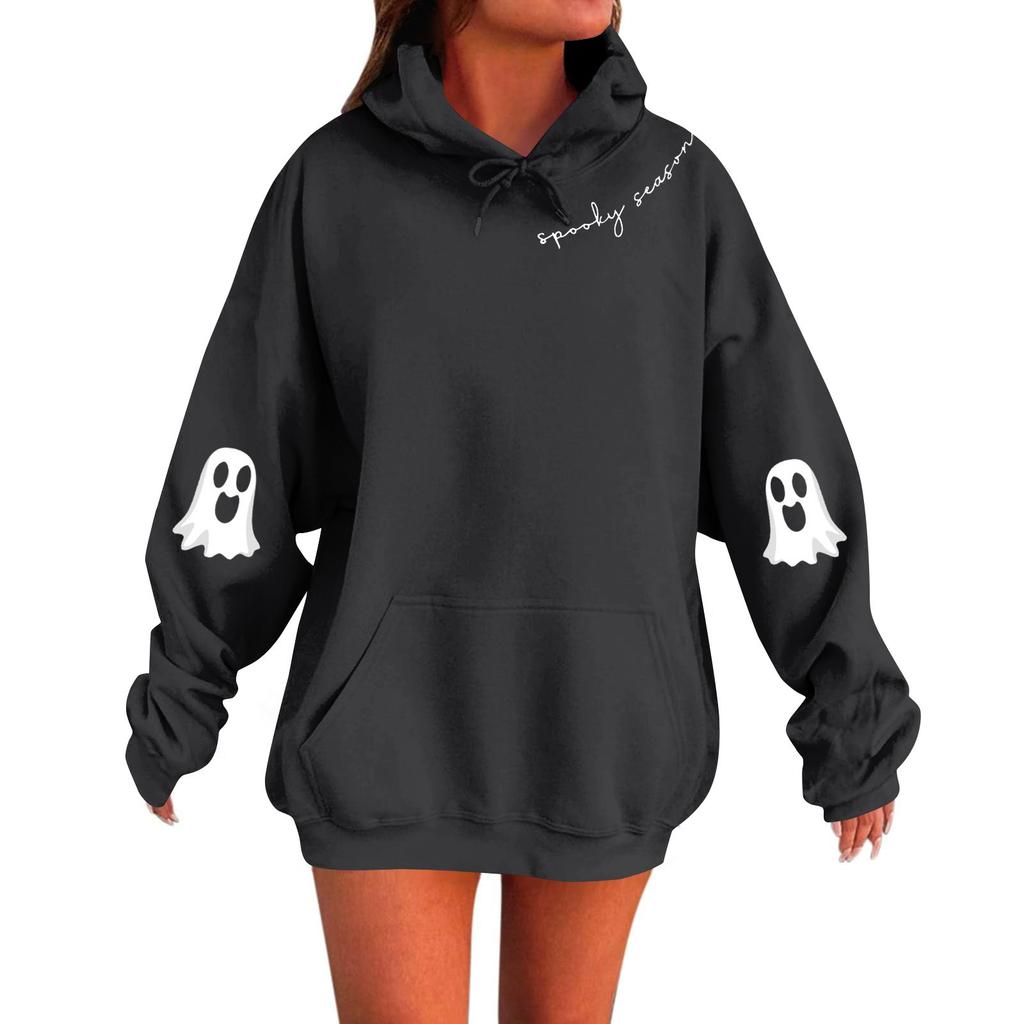 Women's Solid Color Long Sleeve Casual Halloween Print Pullover Hooded Sweatshirt