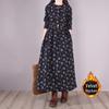 Women's Retro Floral Velvet-Lined Cotton Linen Dress - Round Neck, Long Sleeves, Loose Fit for Autumn/Winter 2023.
