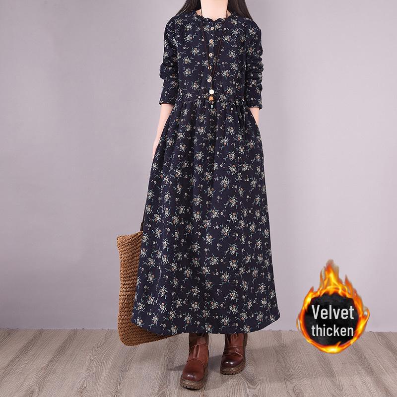 Women's Retro Floral Velvet-Lined Cotton Linen Dress - Round Neck, Long Sleeves, Loose Fit for Autumn/Winter 2023.