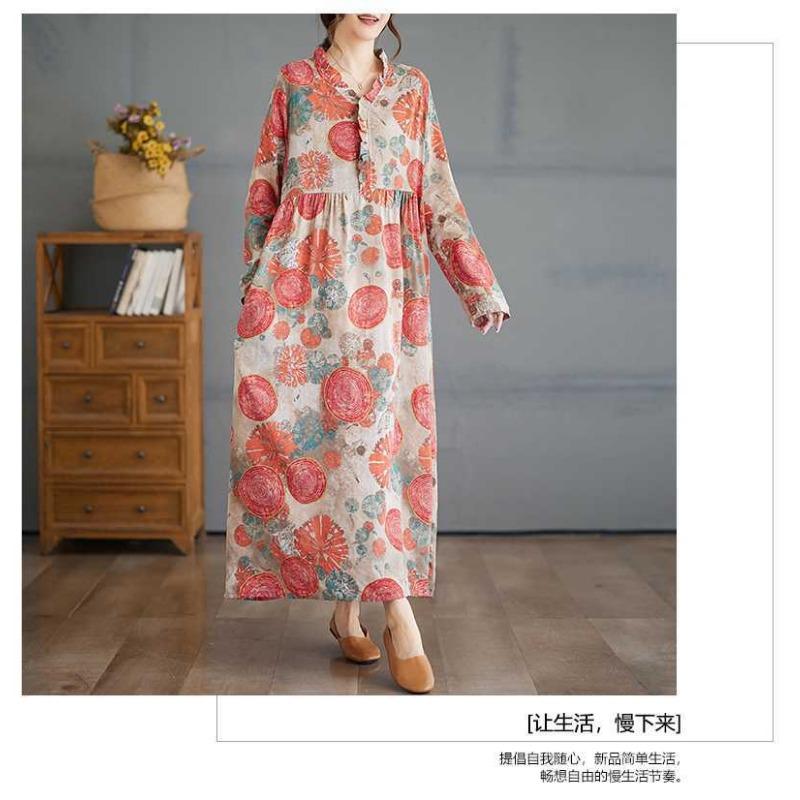 Vintage Printed Loose Lace Long Sleeve Hem Long Dresses