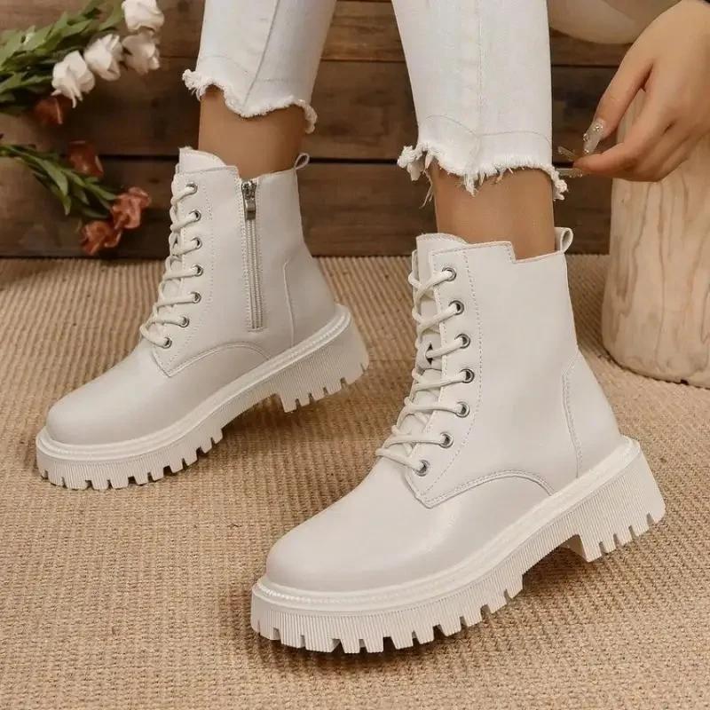 Thick Warm Long Plush Ankle Boots for Women Winter Lace Up Pu Leather Motorcycle Boots Woman Plus Size Short Booties Shoes