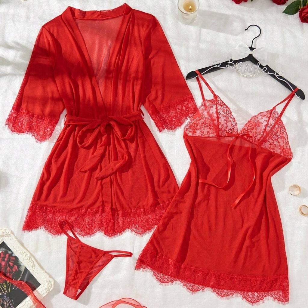Lace Sexy Pajamas, Erotic Underwear See-through, Women's Mesh Suspender Nightgown Three-piece Set