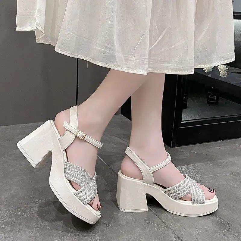 Fashion Rhinestones Square Heels Sandals for Women Summer Sales 2025 Offers New Breathable Fashion Offer Woman Shoes On Sale Wholesale