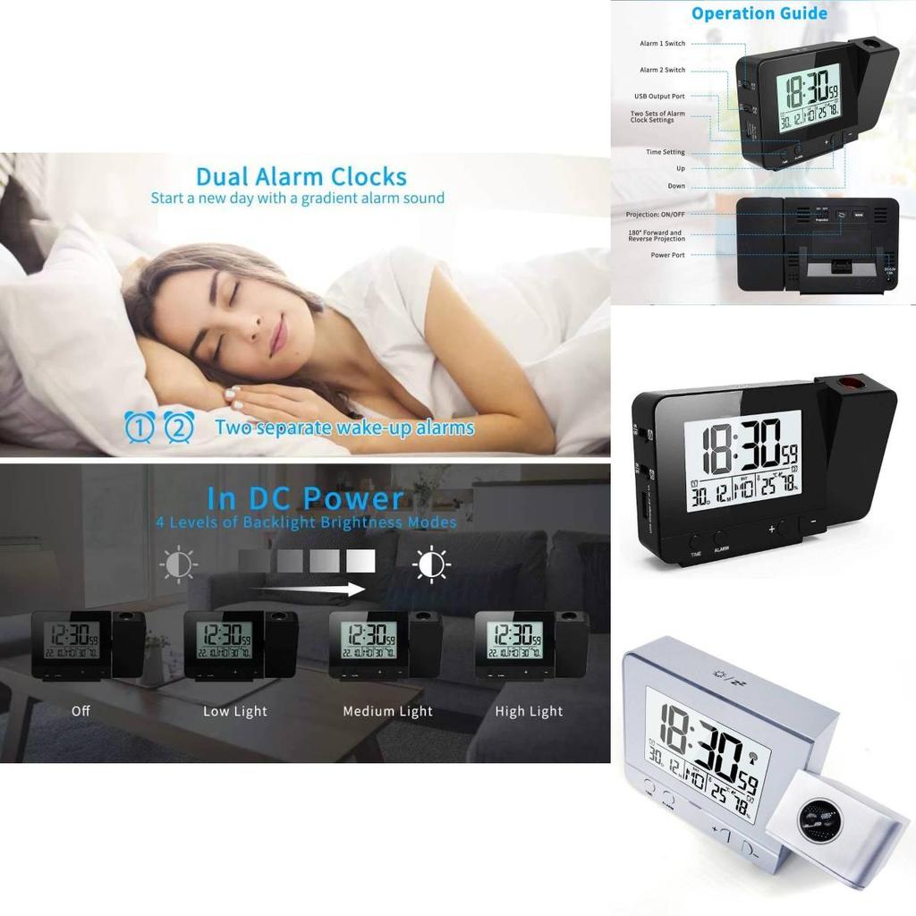 Projection Digital Alarm Clock With Humidity And Moon Phase For Bedroom And Office Spaces