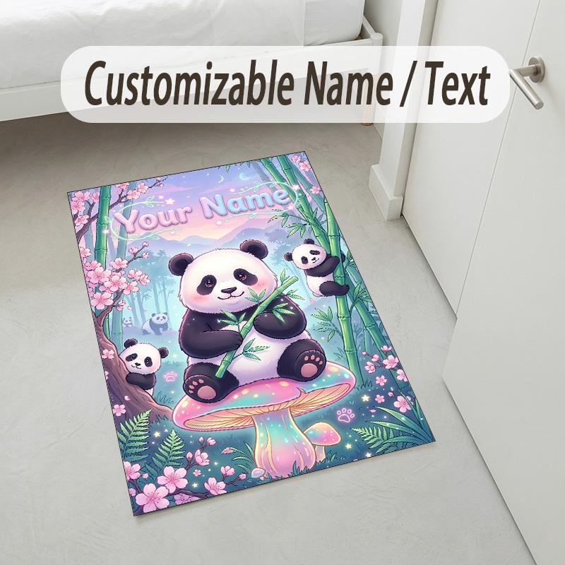 Panda Bamboo Forest Theme Soft Crystal Velvet Rug Custom Name & Text Print Non Slip Floor Rug for Bedroom Living Room