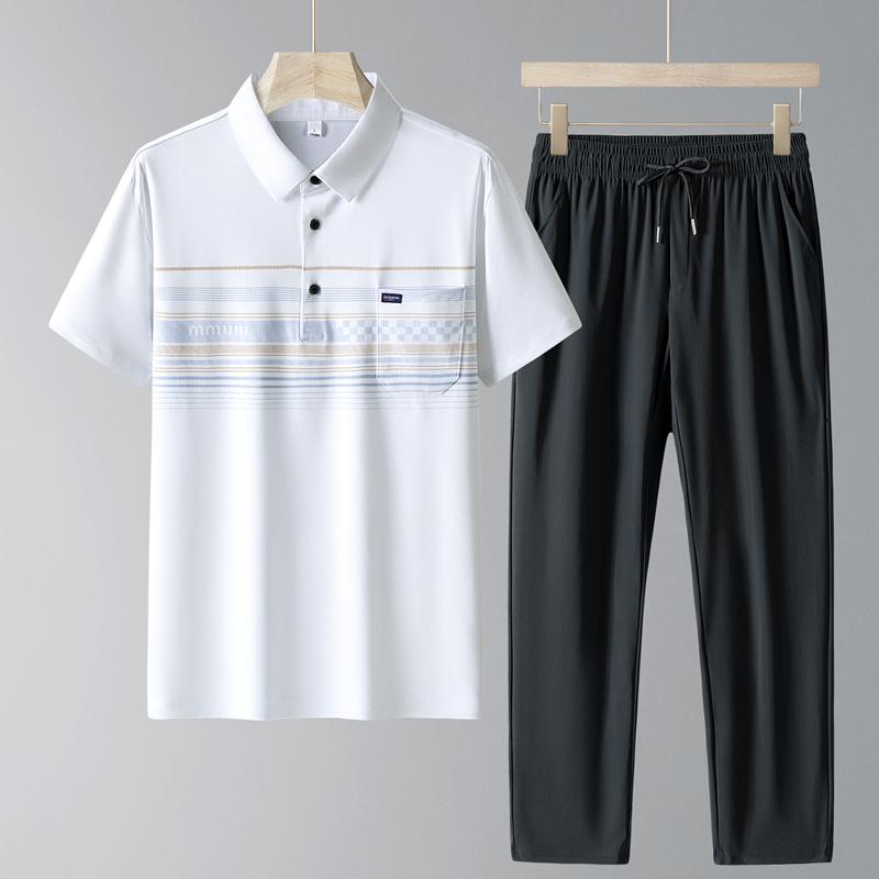 Costume de sport pour homme d'âge moyen et âgé, décontracté, en soie glacée, à manches courtes, ensemble deux pièces pour homme