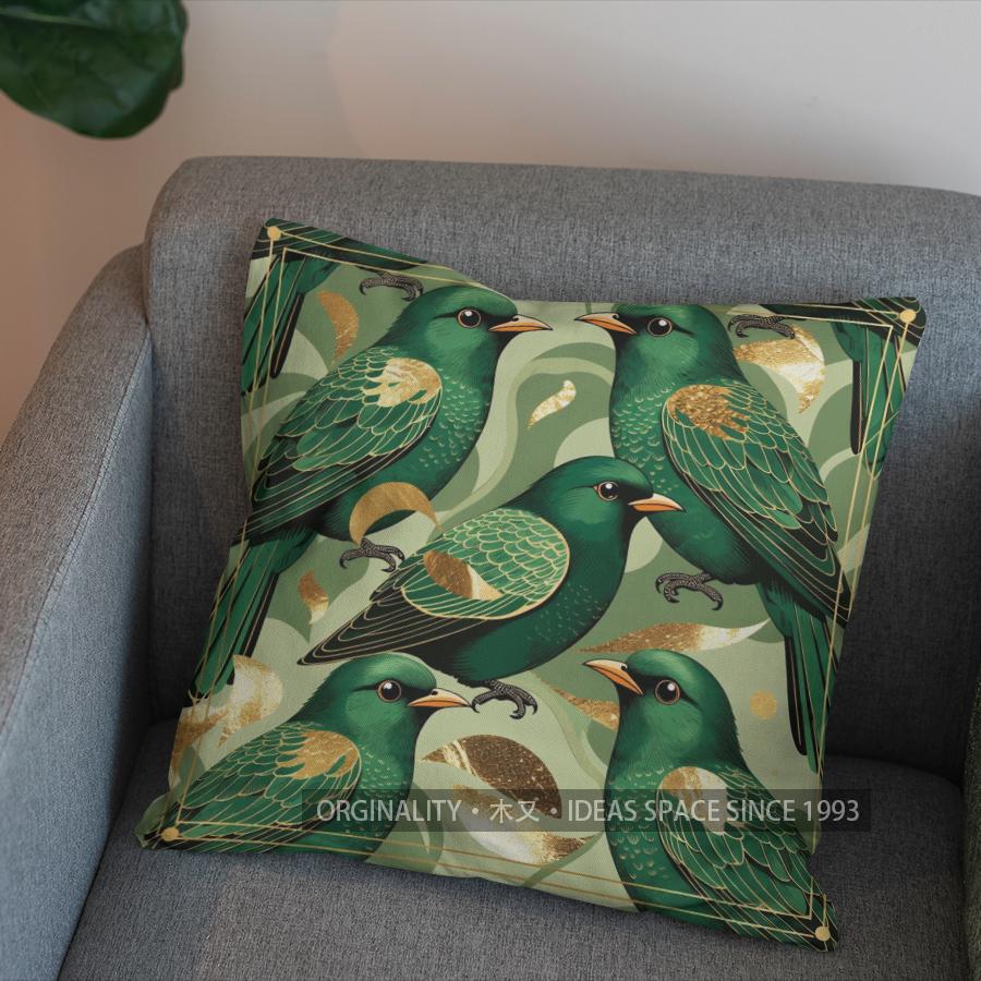 2D Elegant Green Birds And Floral Pattern Pillow Pattern Cushion Cover Suitable For Sofa Bedroom Car Pillow Cover