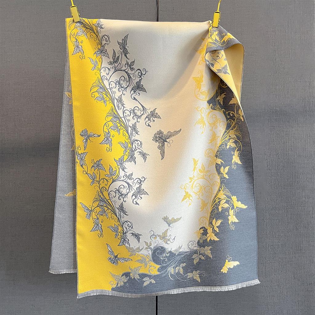 Autumn and winter new contrasting color butterfly printing scarf three-color splicing retro pattern design warm and fashionable outer shawl