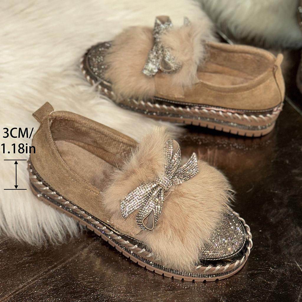 Trend Women Sneakers Furry Crystal Bow Women Casual Shoes Flat Platform Loafers Short Plush Warm Autumn Winter Sneakers Woman