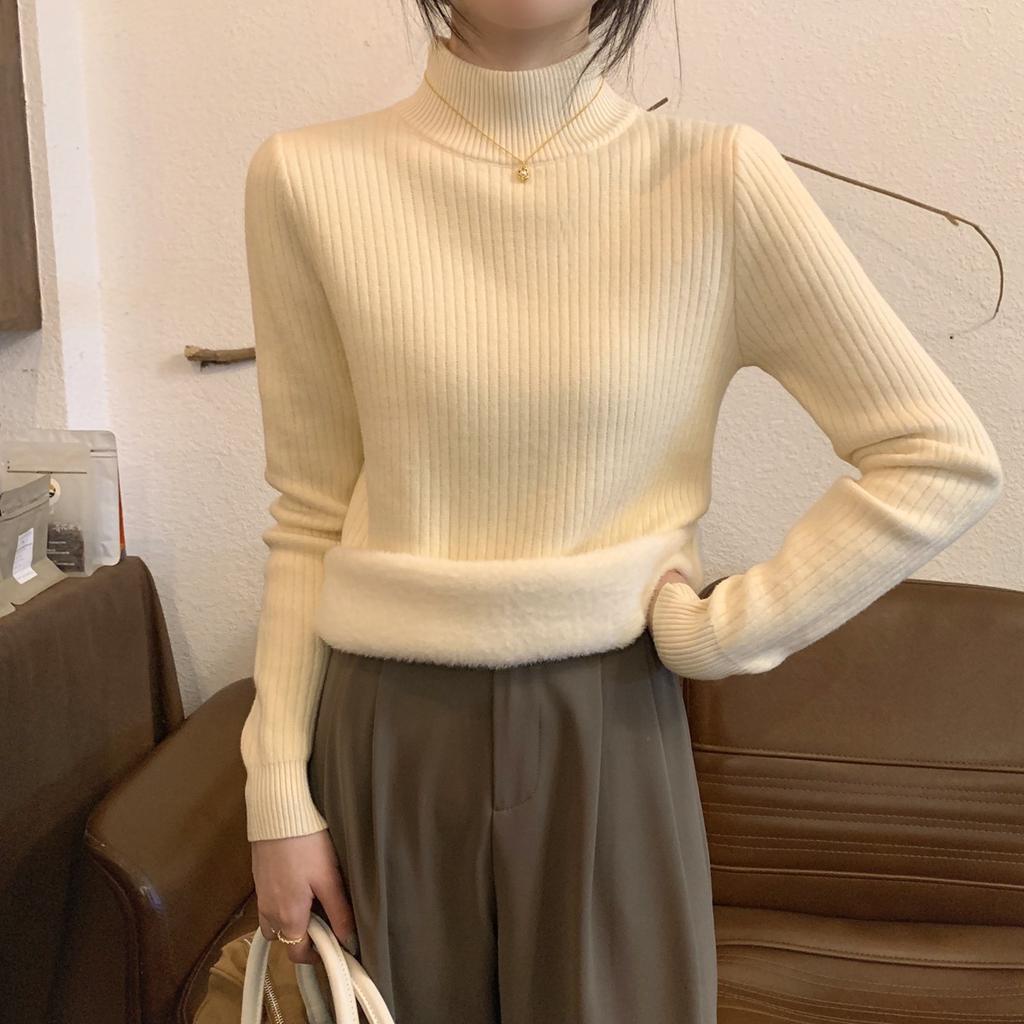 Winter Thickened Integrated Fleece Semi-turtleneck Sweater Women's Simple Pit Strip with Knitted Top Solid Color Bottoming Shirt