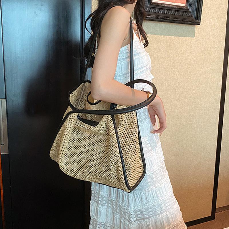 Large Capacity Beach Hollow Composite Tote Solid Color Leather Small Pouch Straw Woven Shoulder Bag Lightweight Polyester