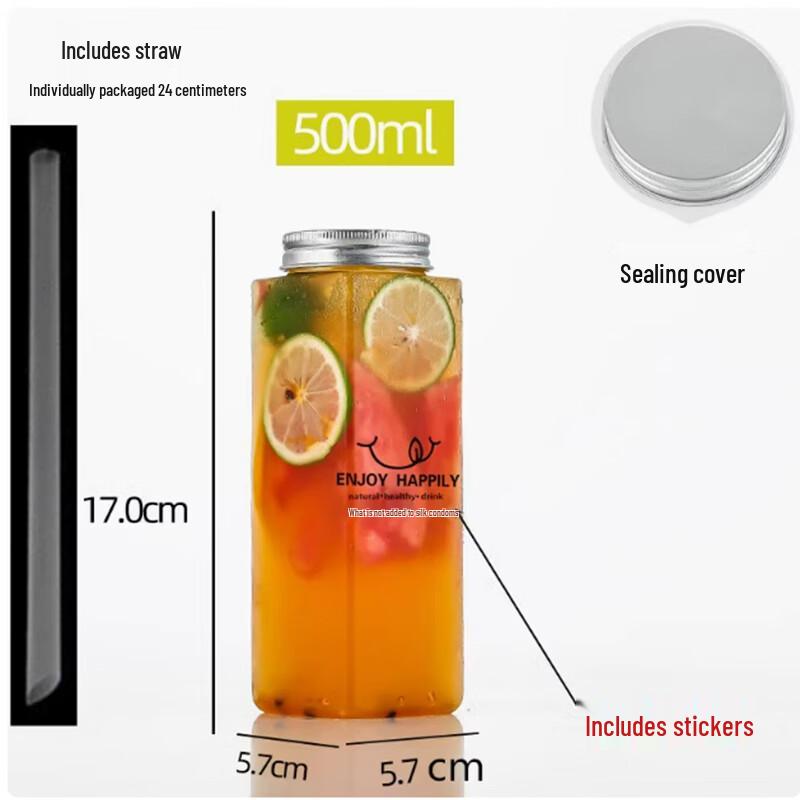 Chubby 500ml Disposable Plastic Milk Tea Cups, 50-Pack with Lids & Straws