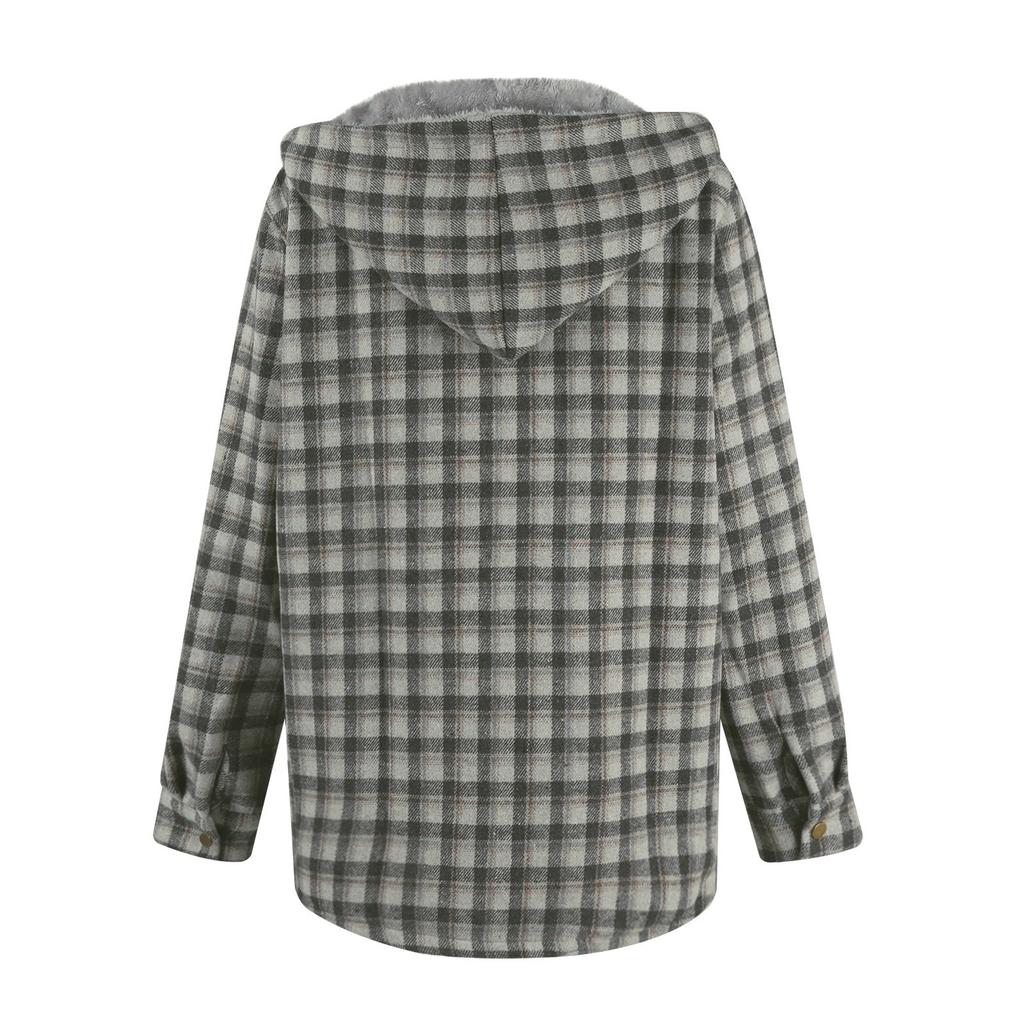 Womens Plaid Shacket Jacket Long Sleeve Button Down Fleece Hooded Jackets Warm Coat