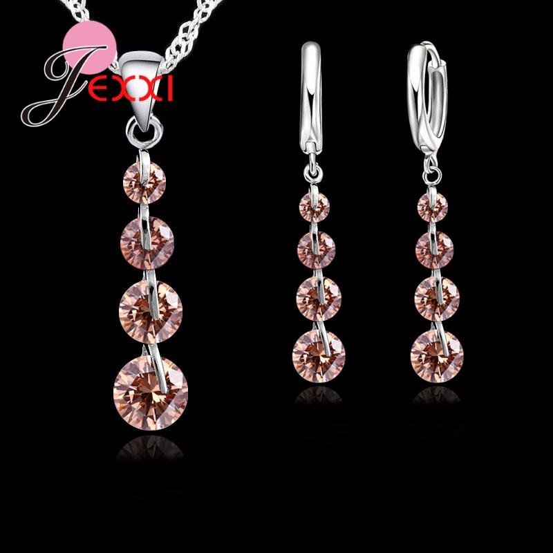 Romantic 925 Sterling Silver Link Chain Crystal Pendant Jewelry Set For Women Choker Wedding Jewelry Set