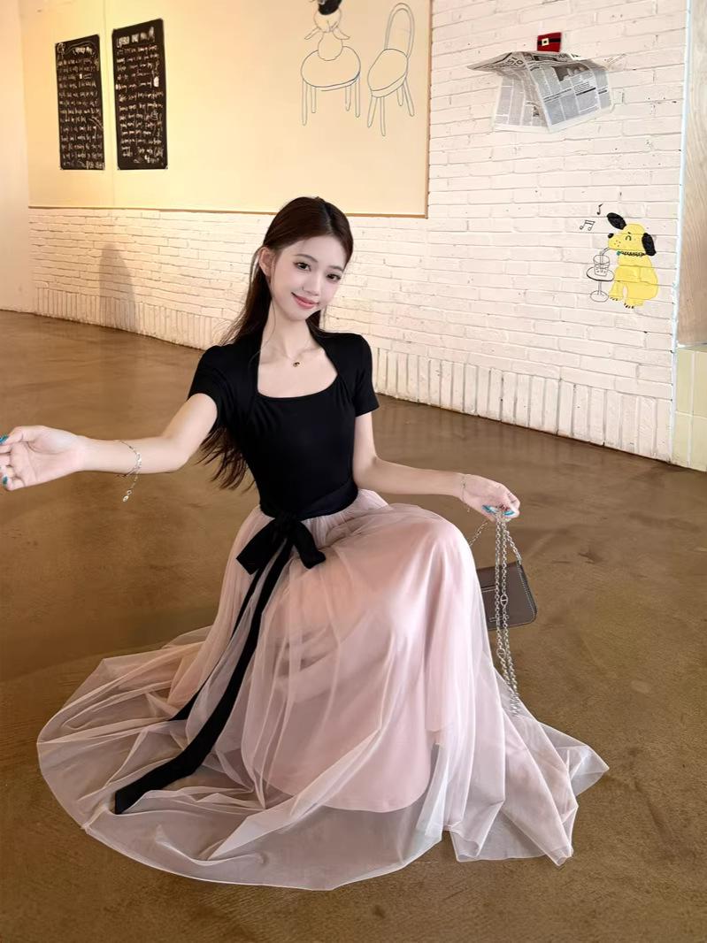 

Women s Pink Ballet Style Patchwork Dress - Summer 2026 Collection, Short Sleeve, Tie-Up Waist, Cinched Long Skirt Large рожевий