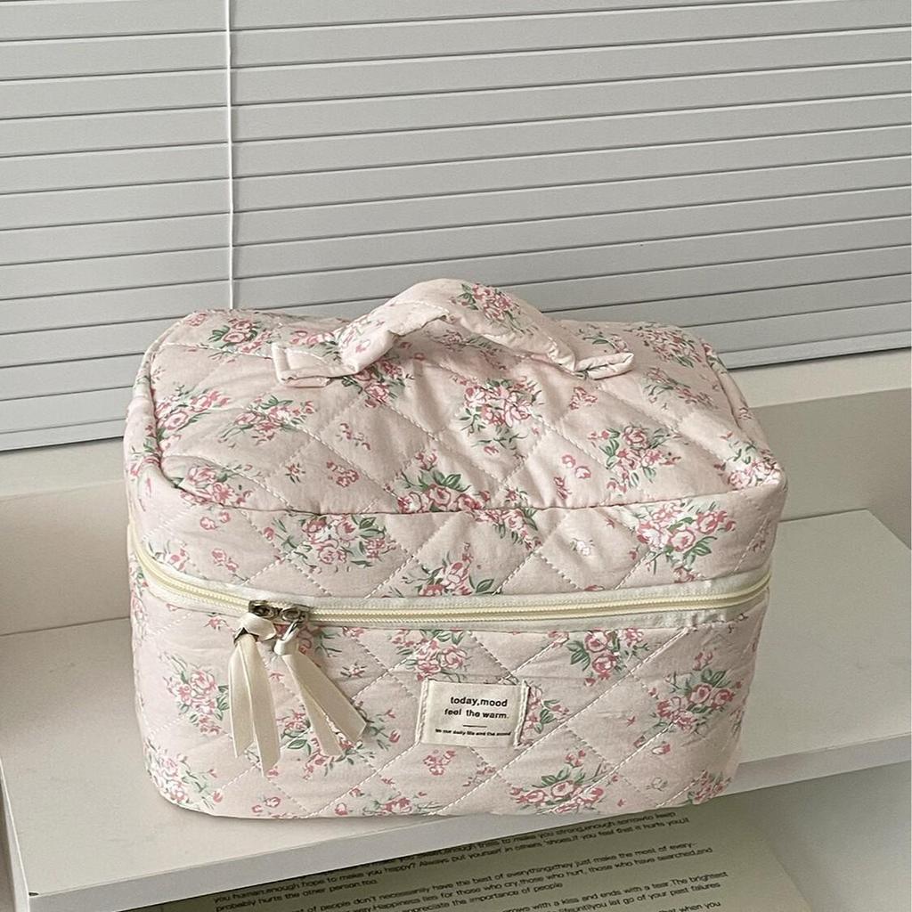 Floral Plaid Quilted Makeup Bag - Large Capacity, Portable Wash Bag