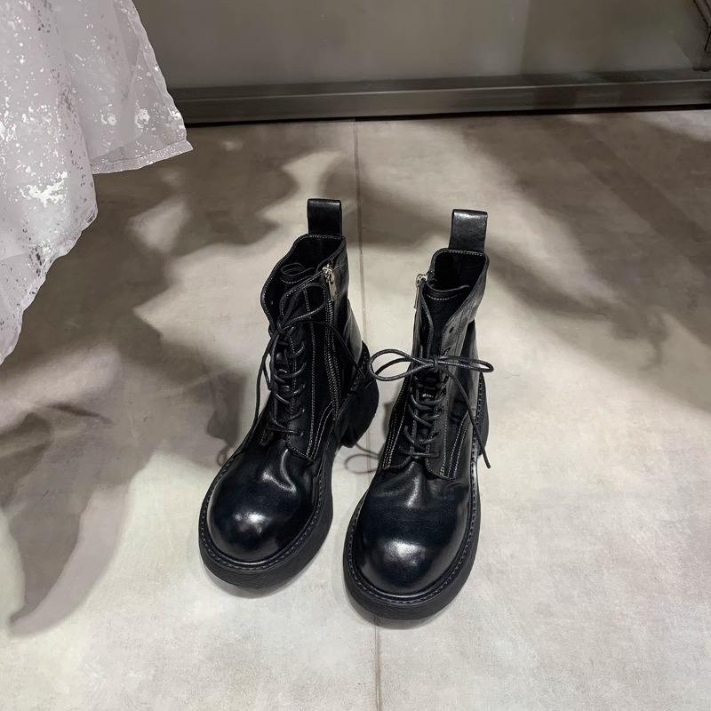 ! Shoes Leather Shrinkage Horse Leather Lace-up Thick Heel Platform Martin Short Boots Women's Autumn and Winter