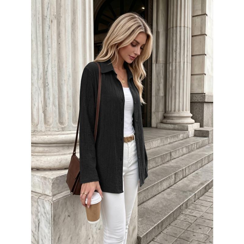 Womens Casual Button Up Long Sleeve Roll Tab Sleeve Shirt