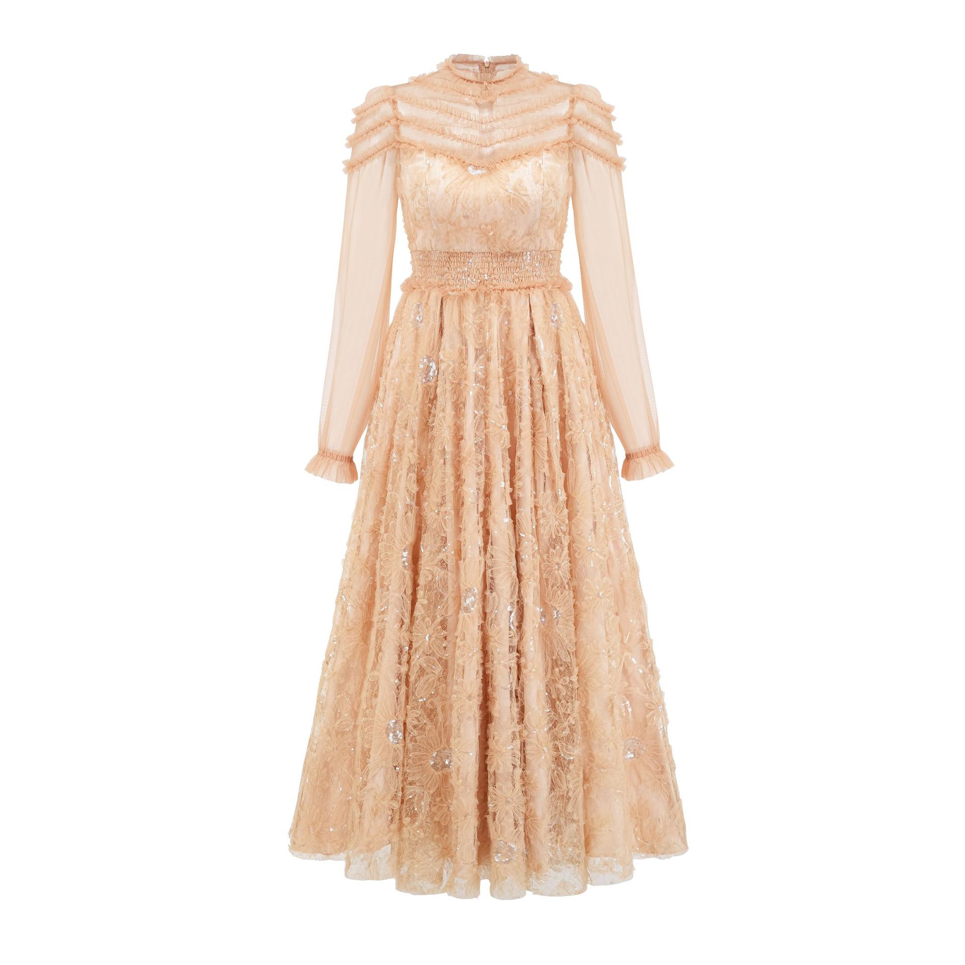 

Кружевное платье Длинное платье Хаки Цветочное Длинный рукав Высокая талия Вечернее платье S хаки